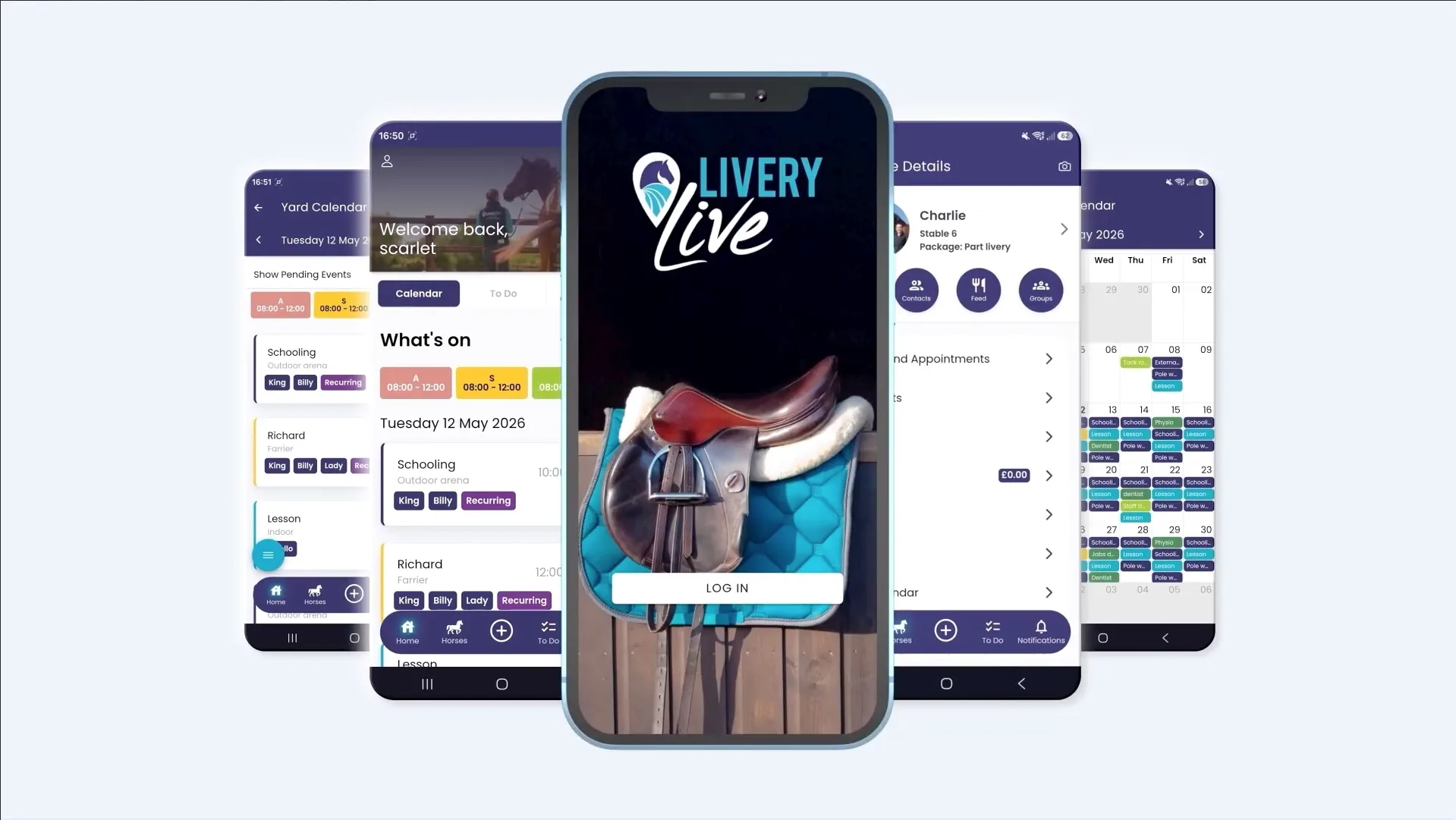 Image shows multiple phone screens with different aspects of the LiveryLive app.