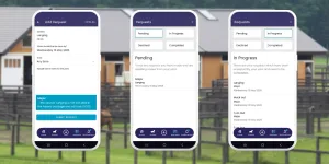 Three mobile smartphone screens displaying an equestrian yard management app in front of horse stables