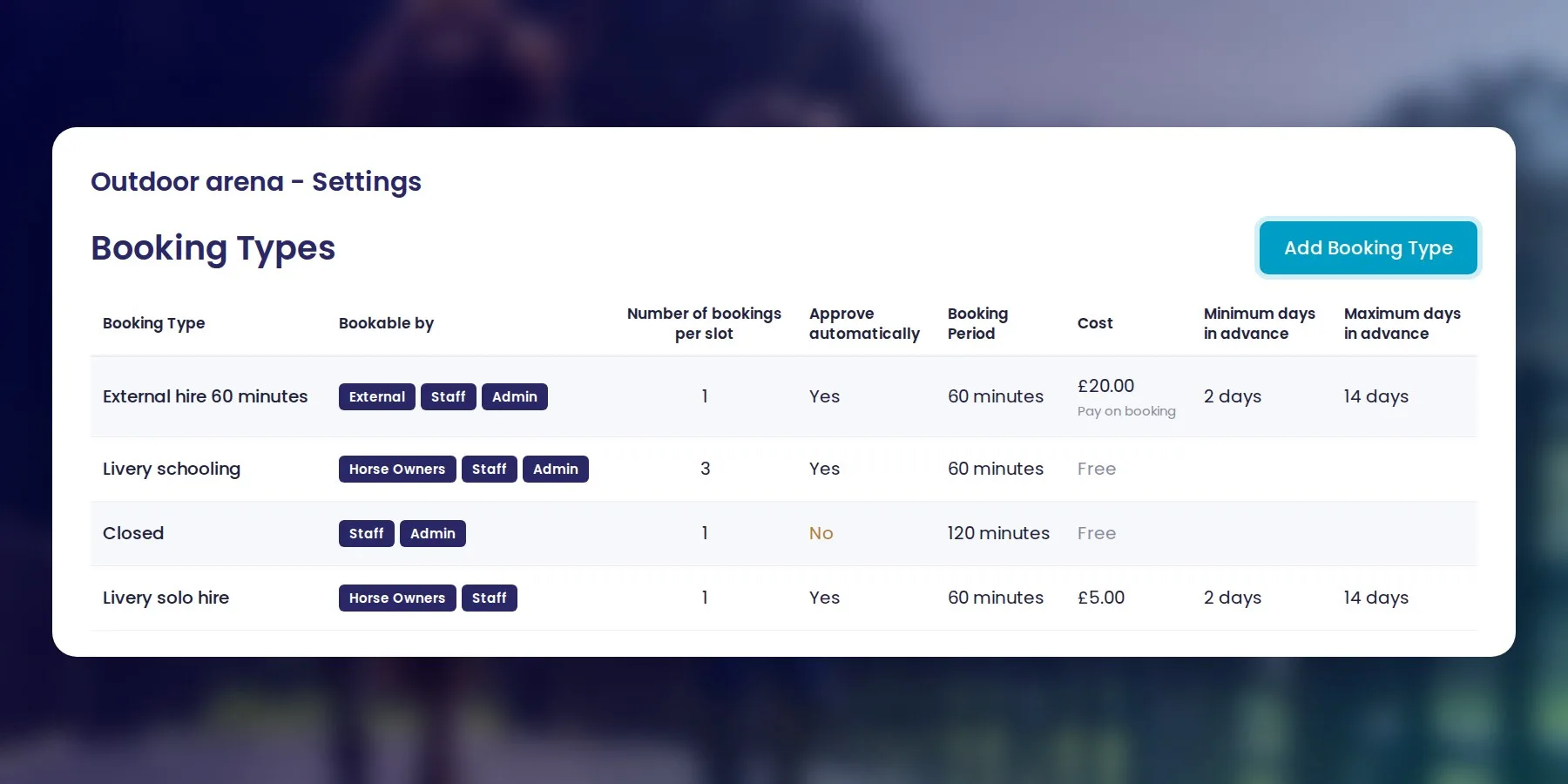 arena booking
booking types
equine arena