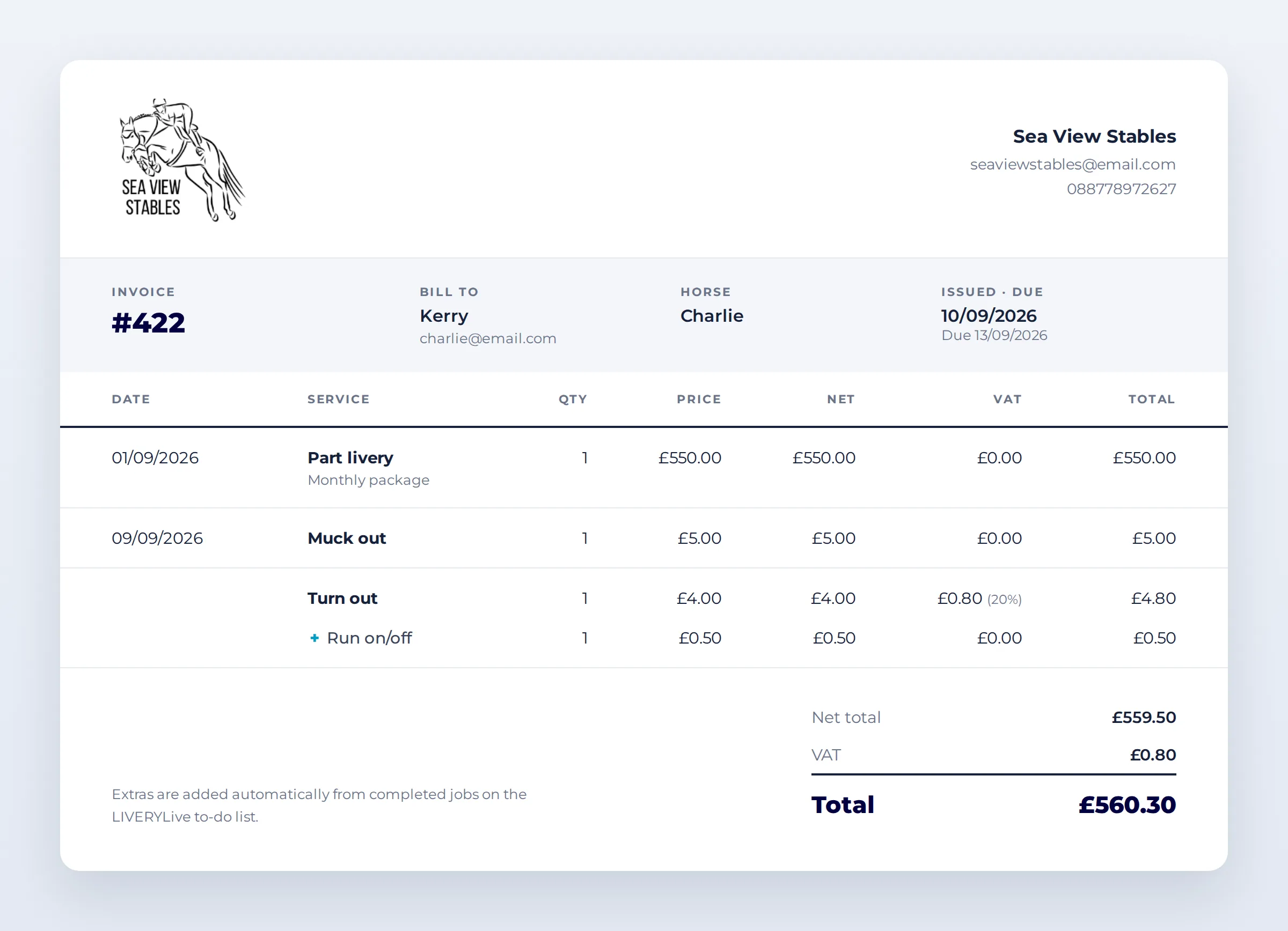 Horse billing tab showing stable rent and extra charges