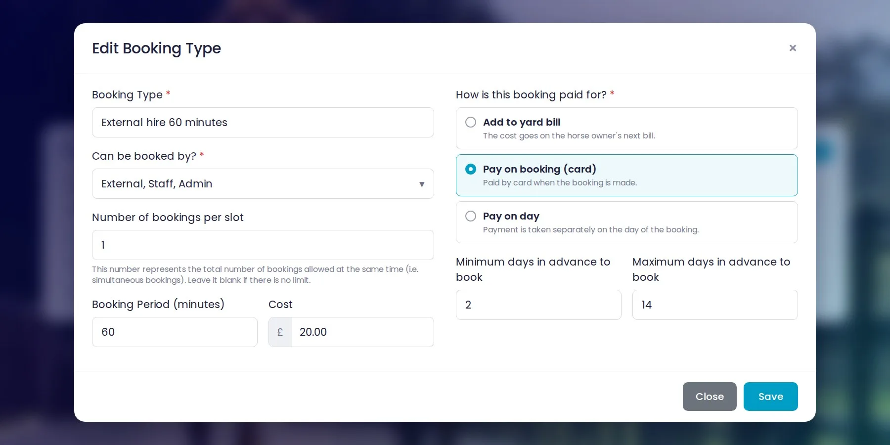 Booking types
arena booking